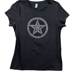 VTG Y2K Black Rhinestone Star Graphic Tee Sz‎ XL Grunge biker Grannycore Bling